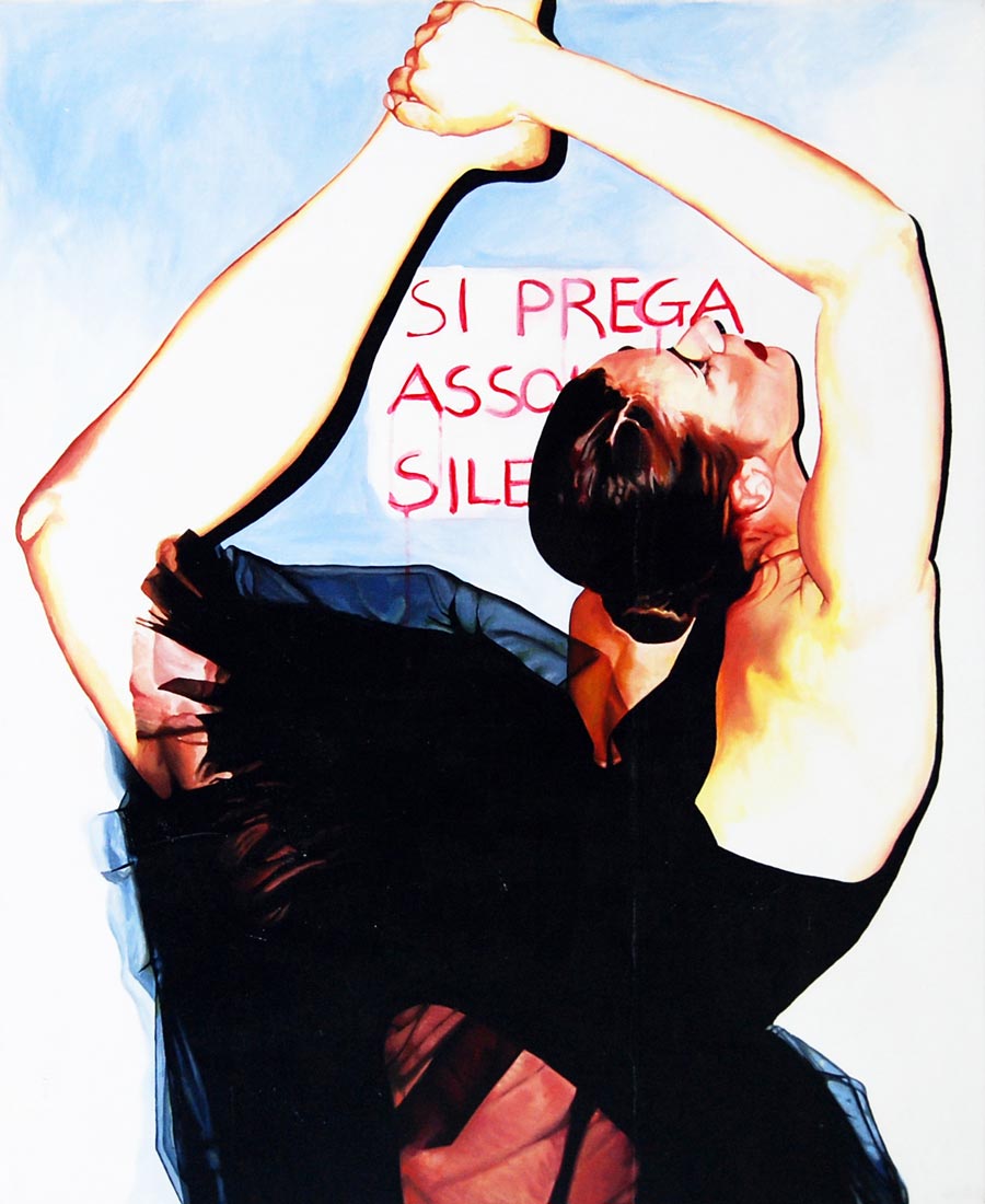 “Si prega assoluto silenzio”, 2009. Acrilico su tela, 110 x 90 cm.
