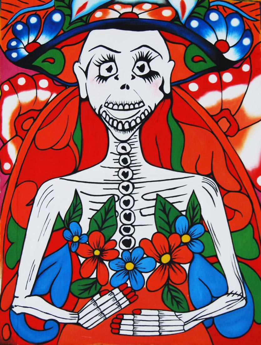 “Catrina de pelo rojo”, 2016. Acrilico su tela, 90 x 70 cm.